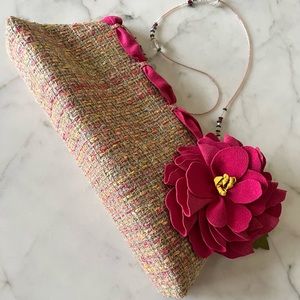 Marigot Tweed Clutch Handbag w/ hot pink flower & beaded strap. Never used.